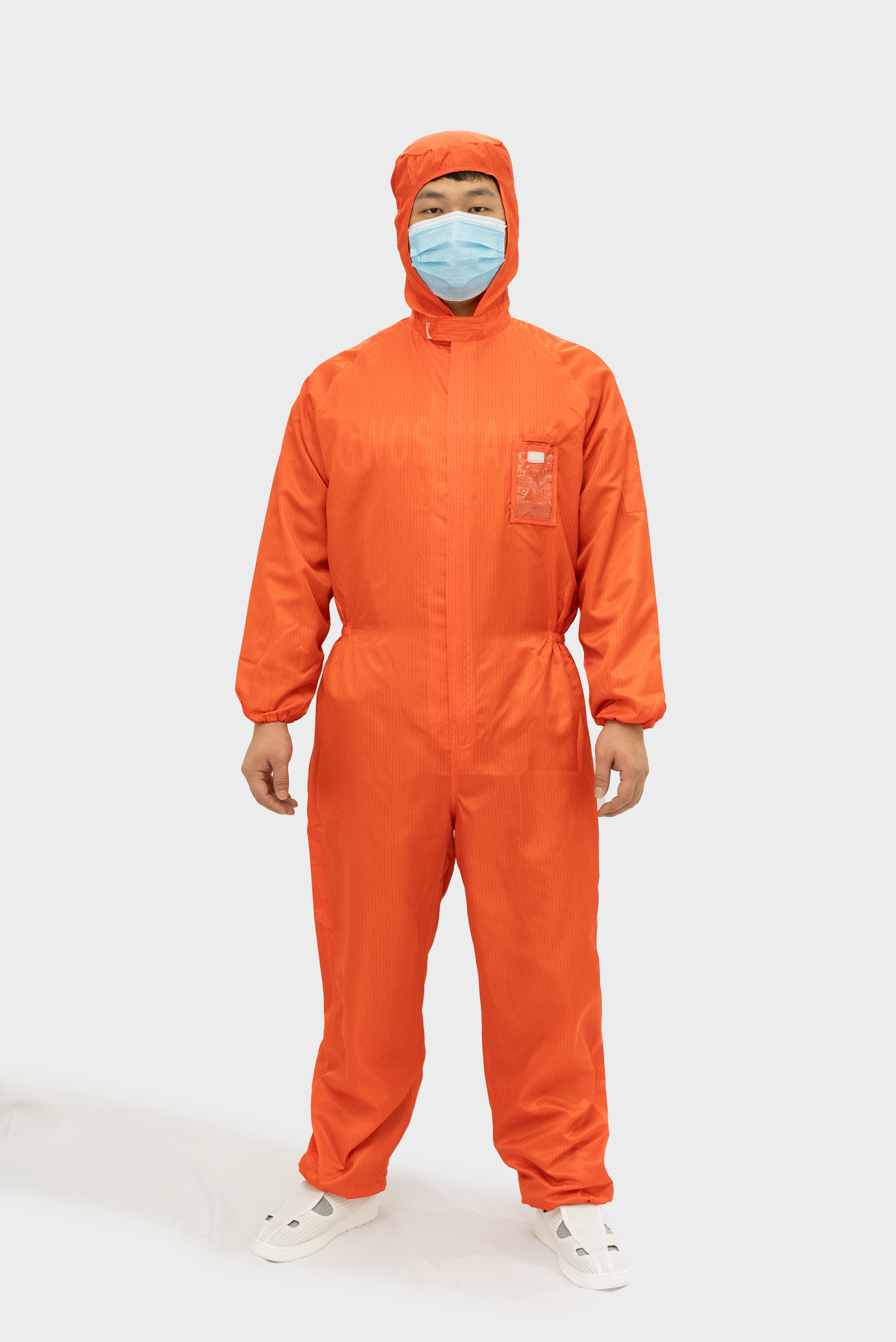 桔红条纹连帽连体服