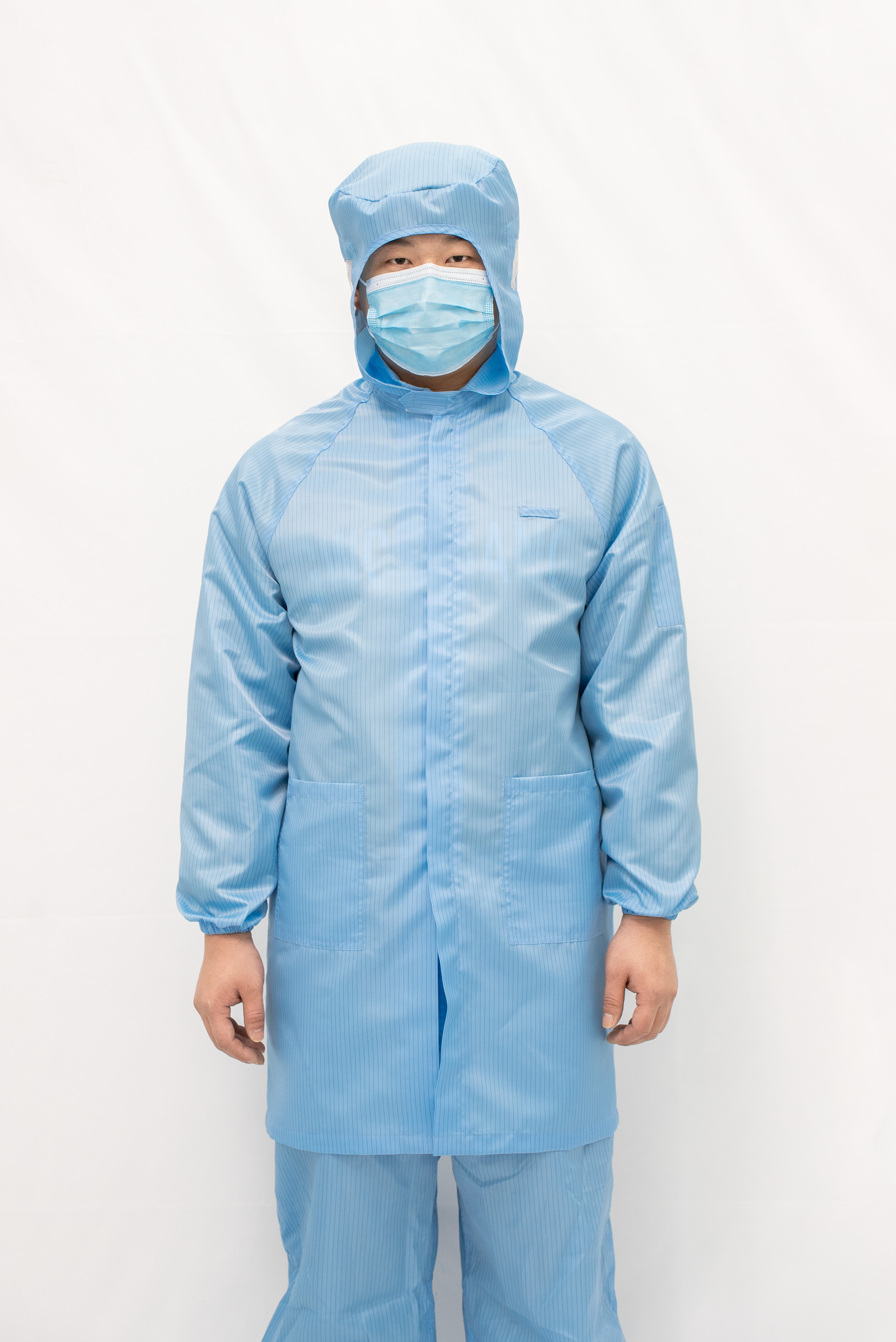 蓝条纹连帽拉链大褂