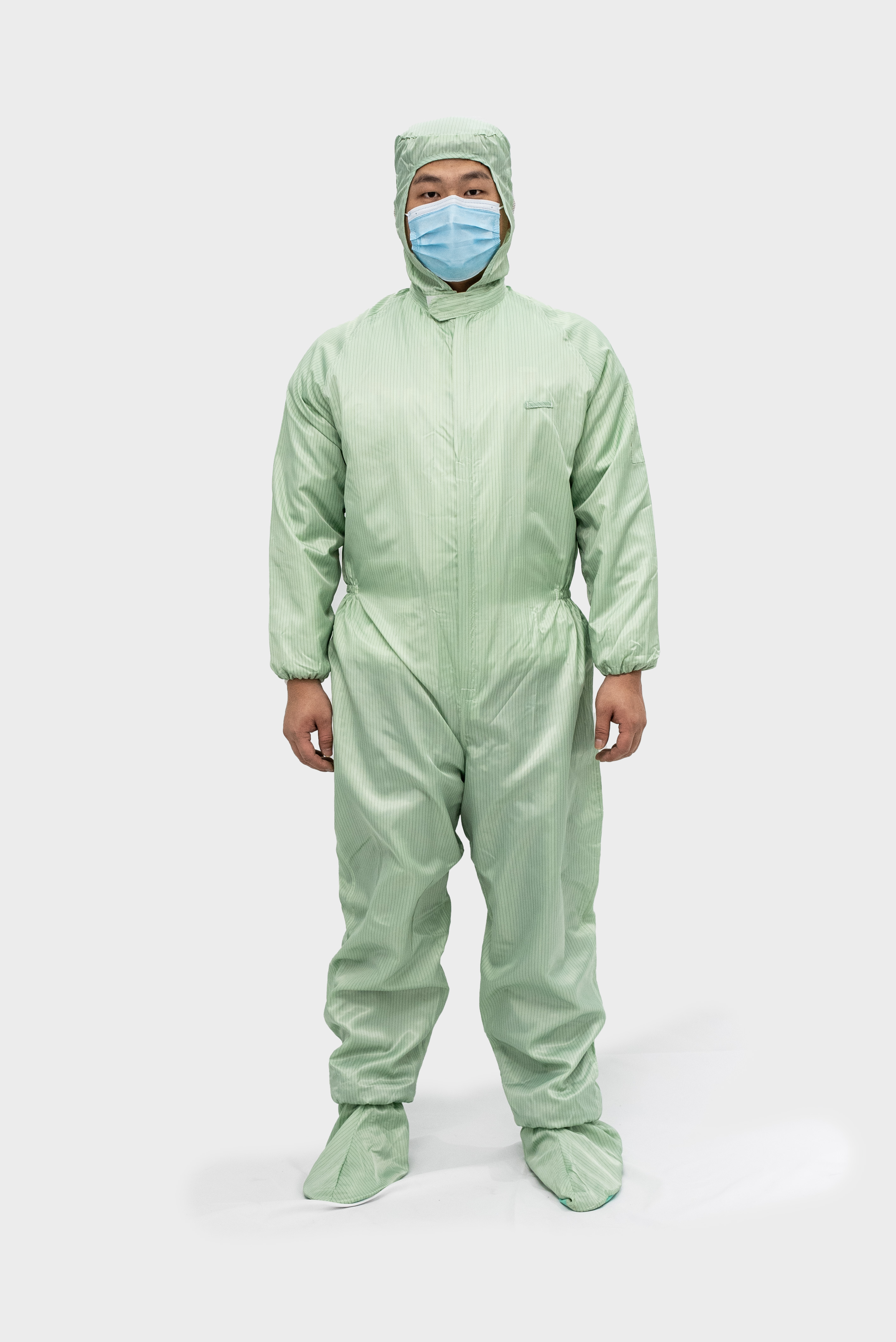 绿条纹连帽连体服连鞋底