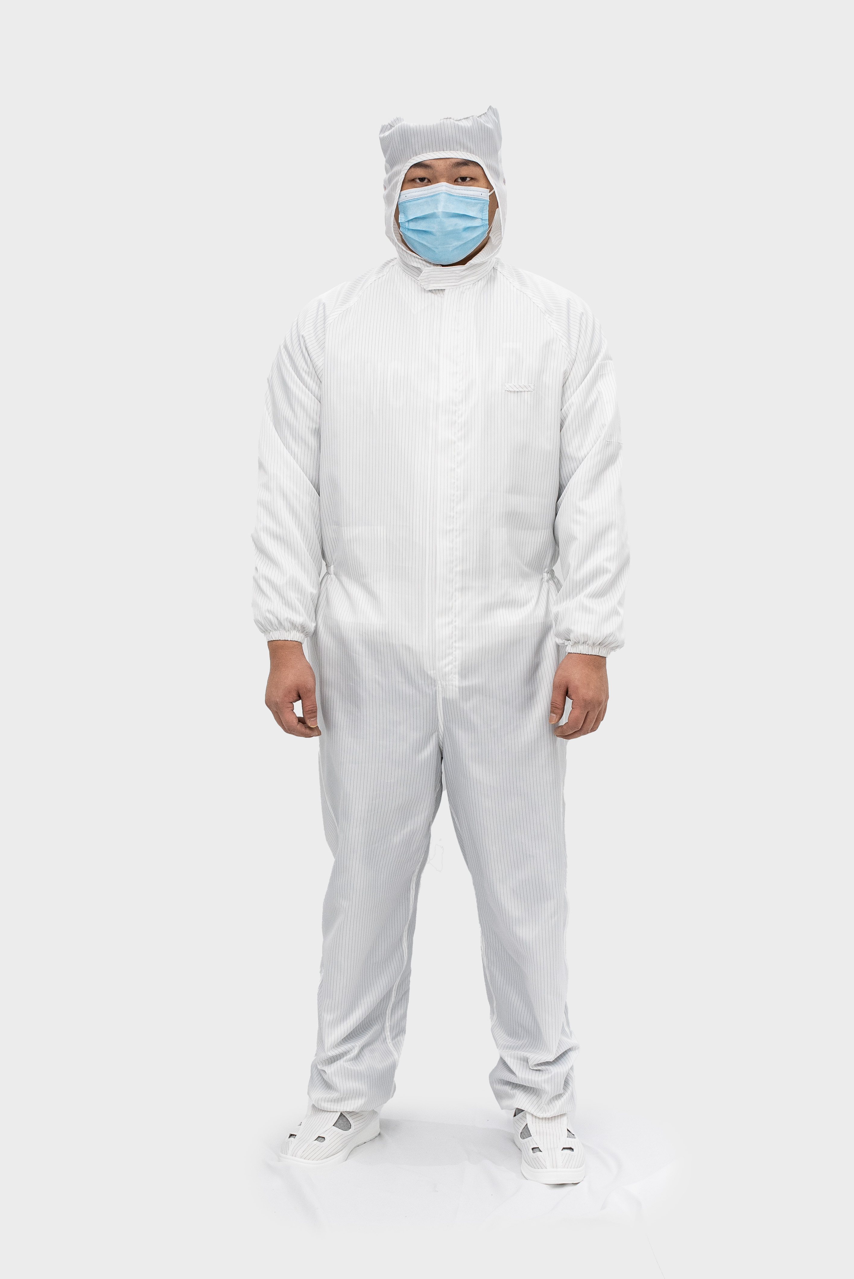 白条纹连帽连体服