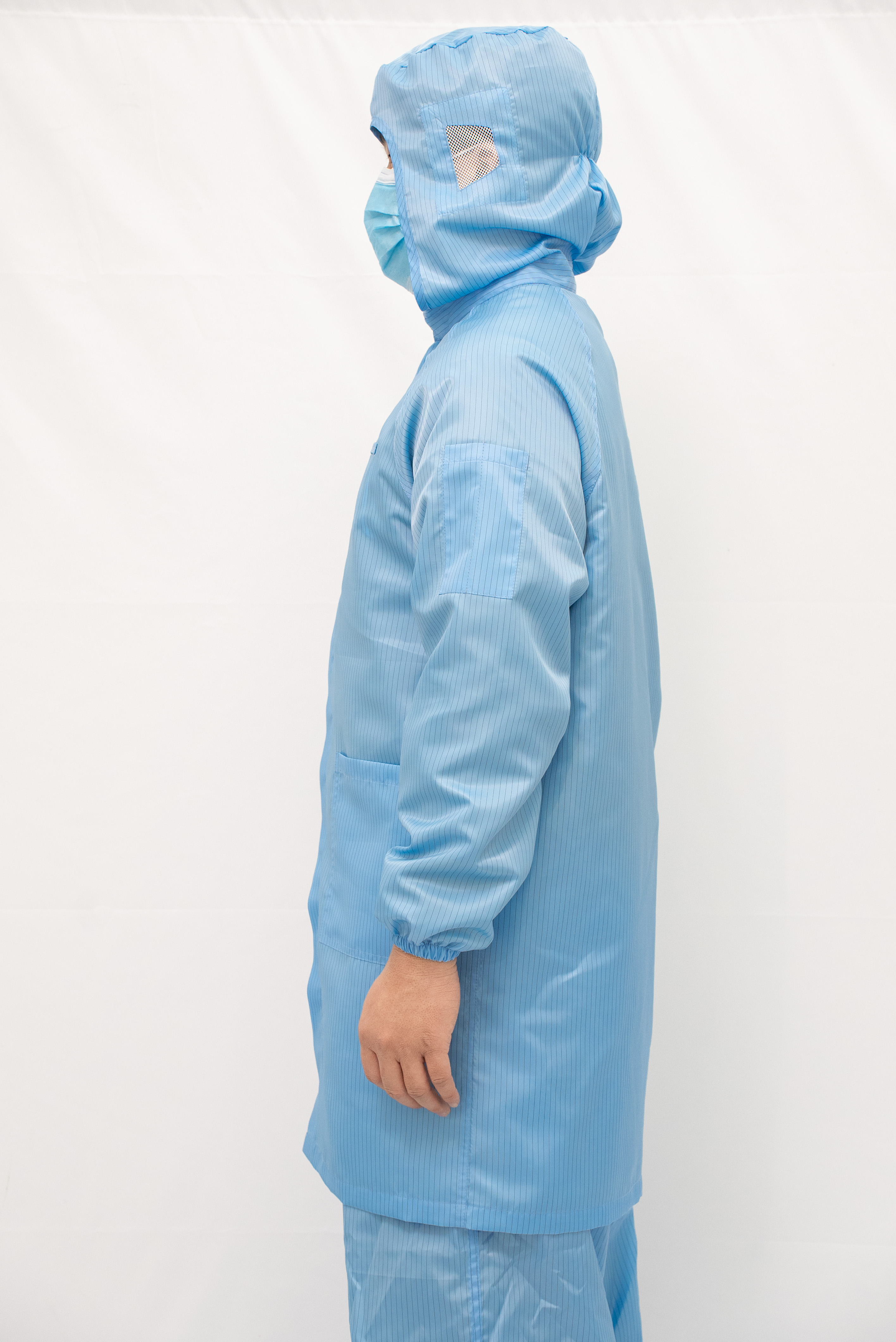 蓝条纹连帽拉链大褂