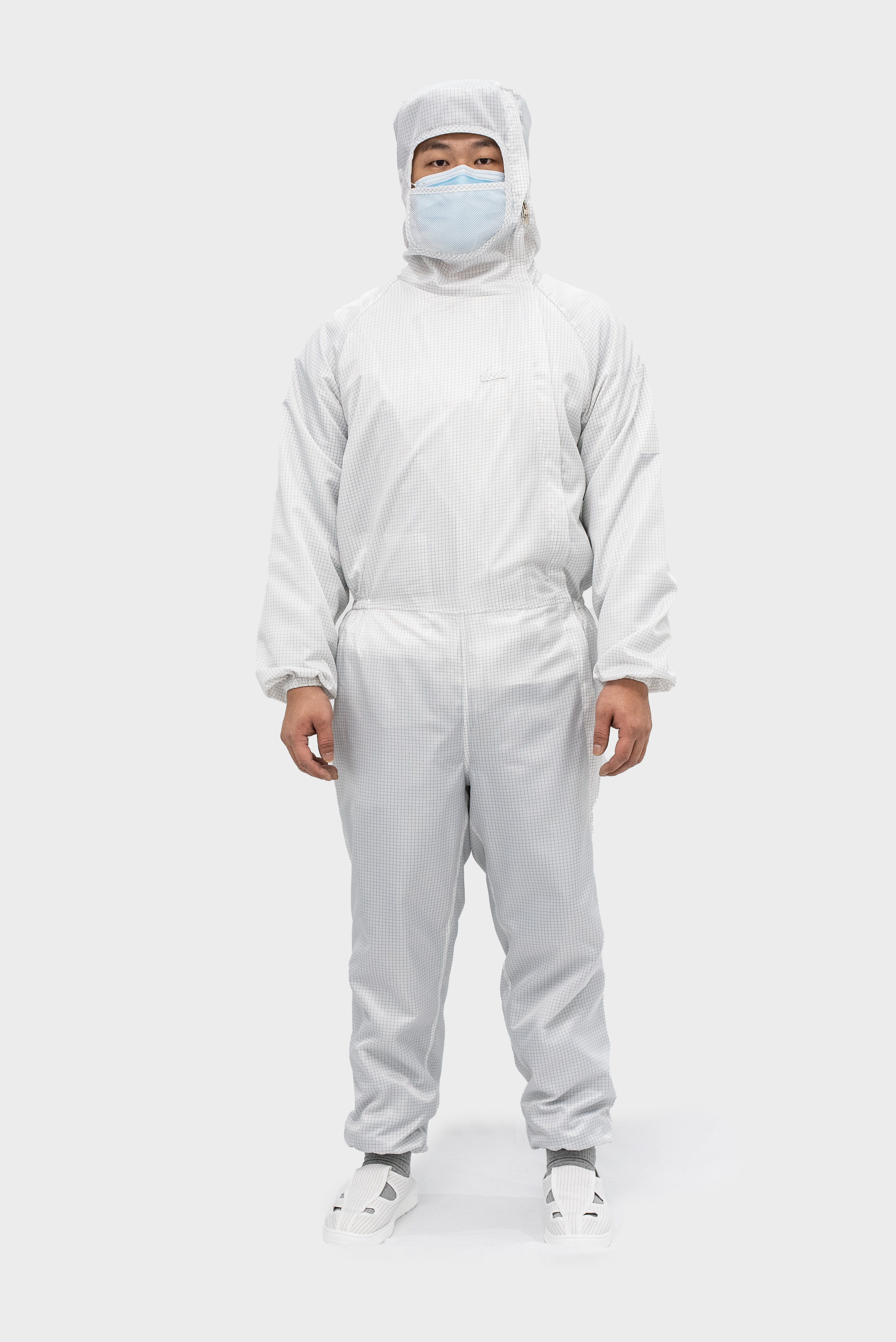 白网格连帽斜开连体服