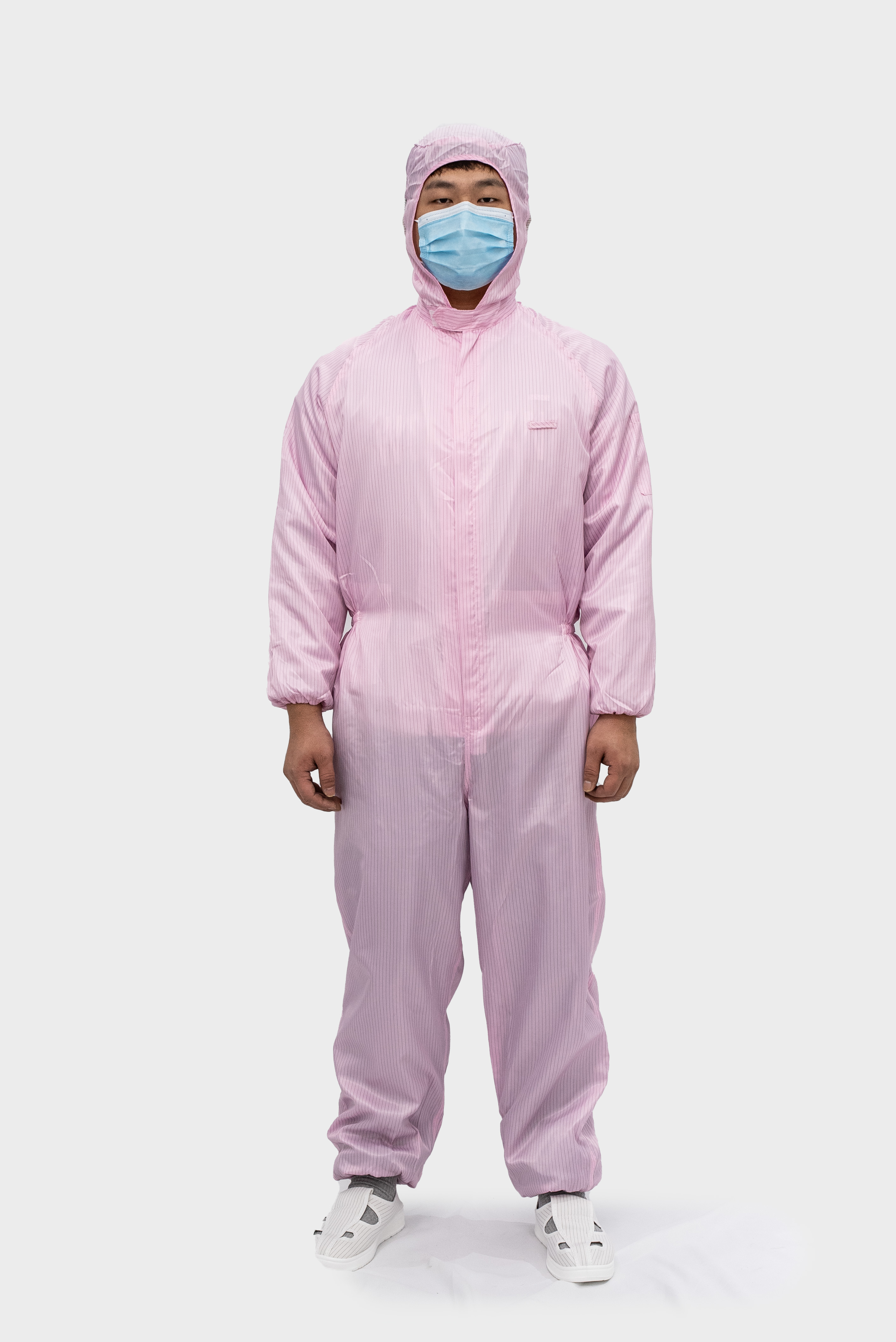 粉红条纹连帽连体服