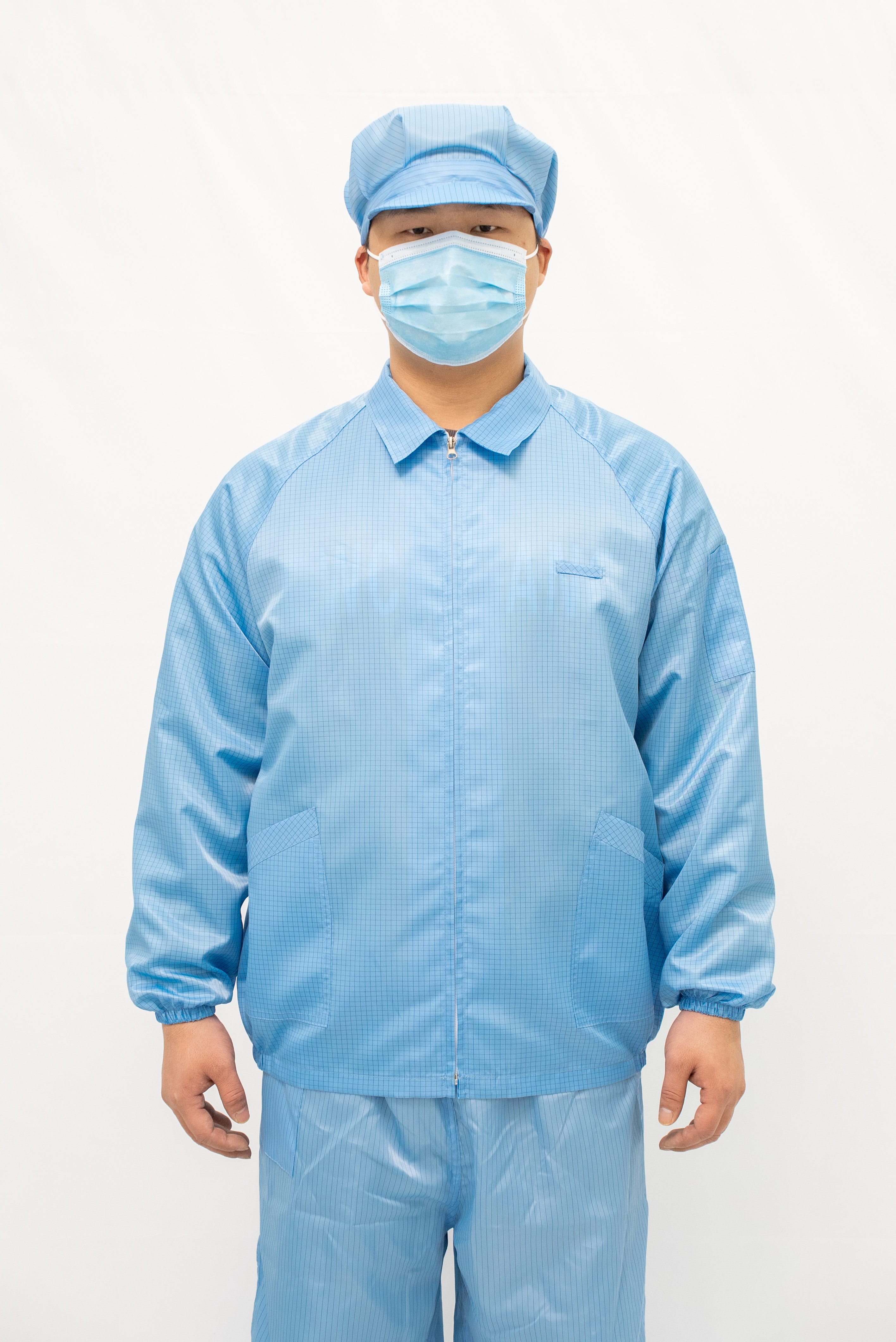 蓝网格翻领拉链夹克