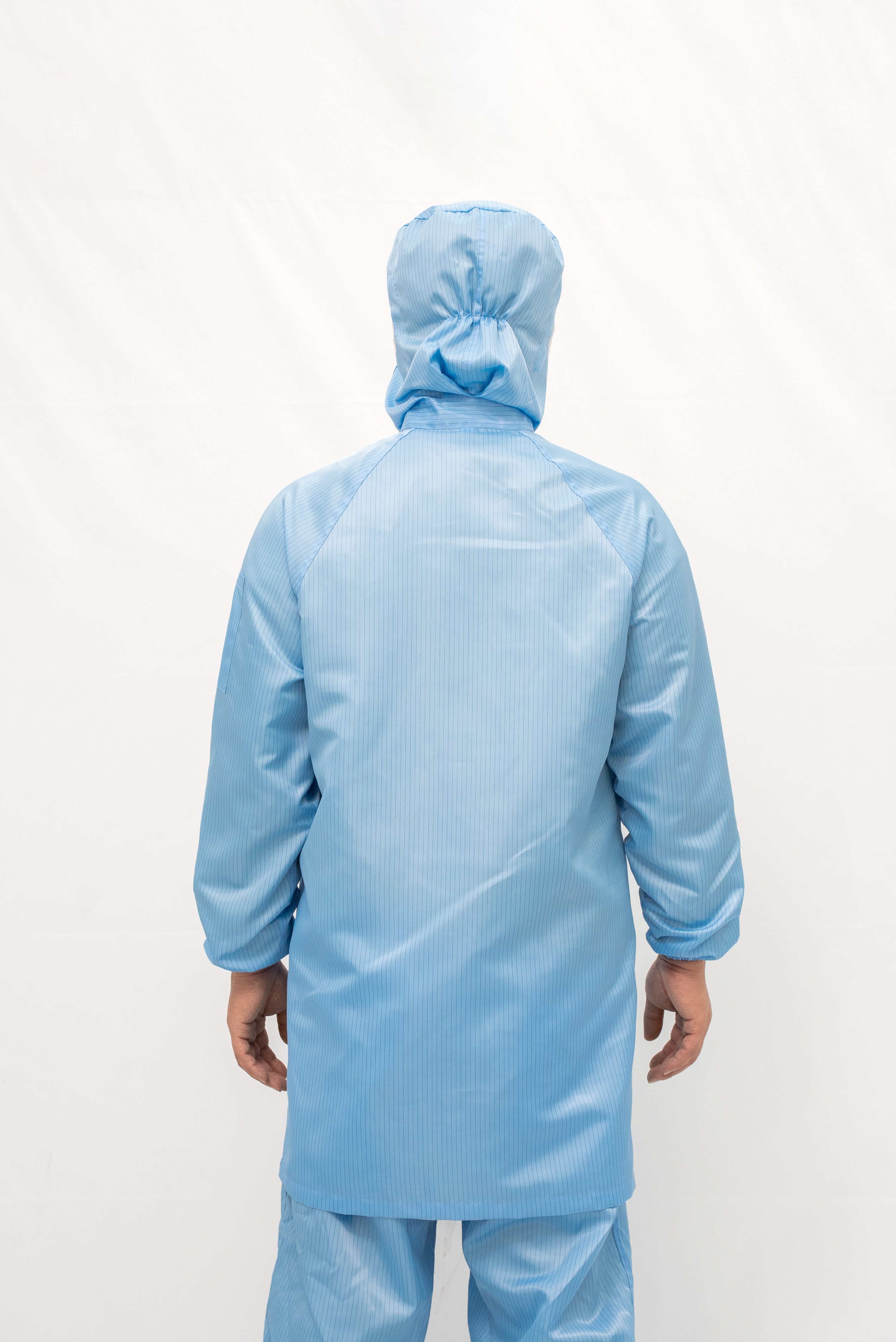 蓝条纹连帽拉链大褂